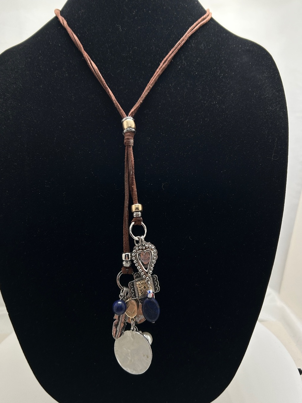 Chico’s Mixed Metal Long Charm Necklace, Brown Suede, Boho
